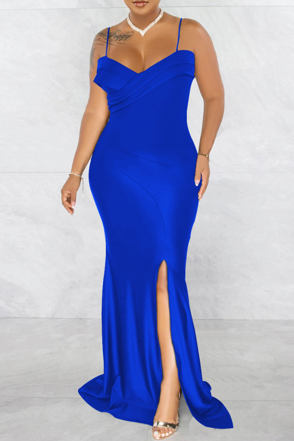 Blue Fashion Sexy Solid Backless Slit Spaghetti Strap Evening Dress