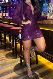Purple Sexy Party Sequined Party V Neck Sheath Dresses
