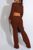 Brownness Sexy Solid Patchwork Draw String Fold V Neck Long Sleeve Two Pieces