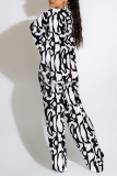 Colour Sexy Print Patchwork Turndown Collar Long Sleeve Three Pieces