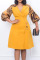 Yellow Casual Print Patchwork Buckle Turn-back Collar A Line Dresses