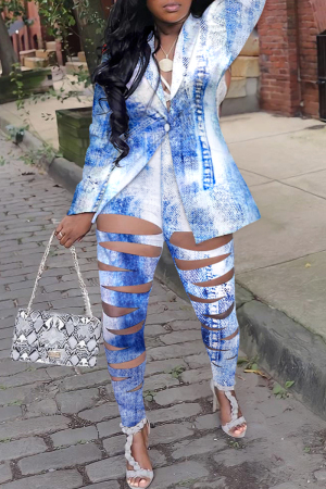 The cowboy blue Sexy Street Print Hollowed Out Turn-back Collar Two Pieces