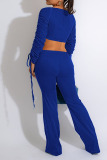Blue Sexy Solid Patchwork Draw String Fold V Neck Long Sleeve Two Pieces