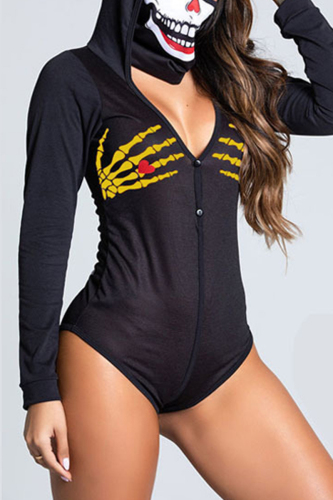 Gold Halloween Skull Head Print Deep V Neck Long Sleeve Skinny Hoodie Romper