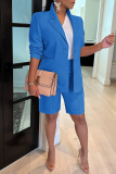 Blue Fashion Casual Solid Basic Turndown Collar Long Sleeve Two Pieces