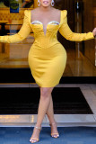 Yellow Fashion Sexy Solid Patchwork Square Collar Long Sleeve Dresses