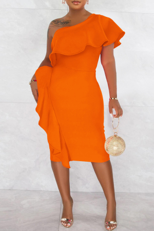 Orange Fashion Casual Solid Patchwork Backless Oblique Collar Short Sleeve Dress