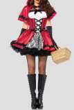 Red Halloween Fashion Patchwork Hollowed Out With Bow Hooded Collar Short Sleeve Dress