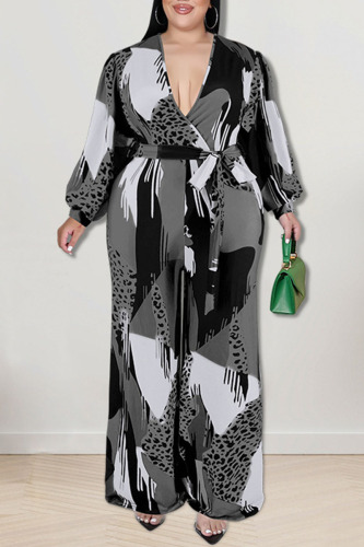 Black Casual Print Patchwork V Neck Plus Size Jumpsuits