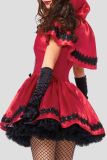 Red Halloween Fashion Patchwork Hollowed Out With Bow Hooded Collar Short Sleeve Dress