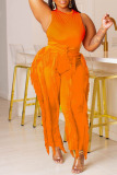 Plus Size Tangerine Sexy Solid Tassel Patchwork O Neck Two Pieces