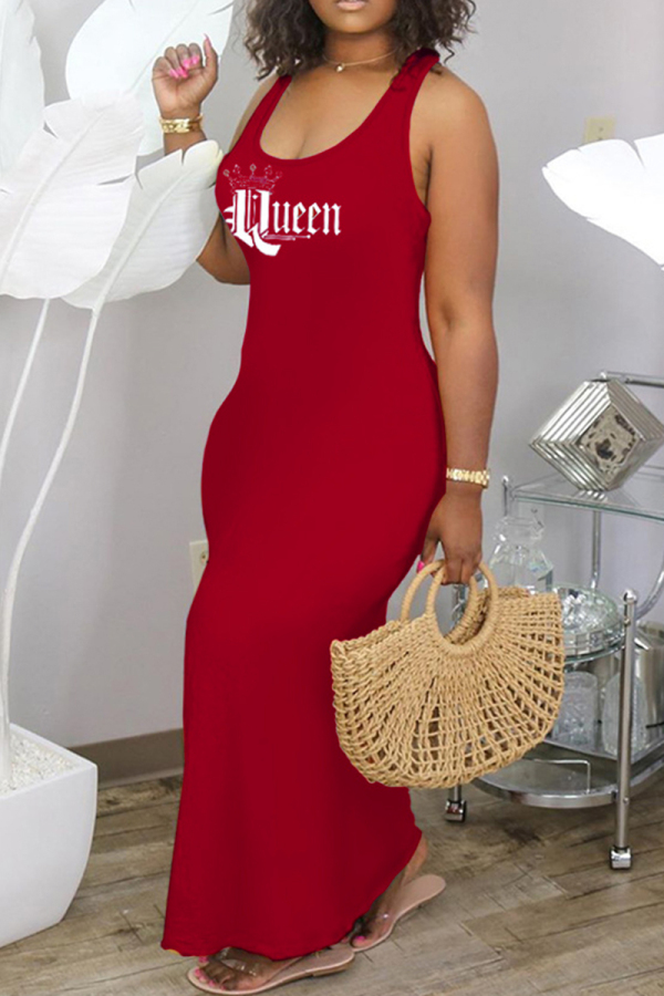 Red Fashion Sexy Letter Print Basic U Neck Vest Dress