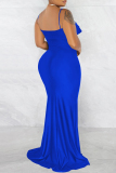 Blue Fashion Sexy Solid Backless Slit Spaghetti Strap Evening Dress