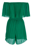Green Casual Solid Patchwork Fold Off the Shoulder Straight Rompers