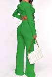 Green Sexy Solid Bandage Patchwork V Neck Long Sleeve Two Pieces