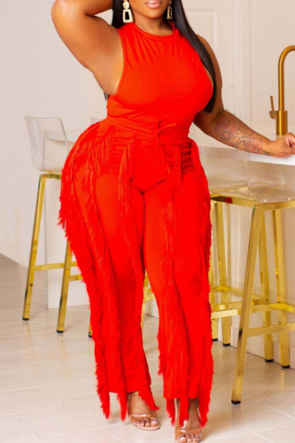 Plus Size Red Sexy Solid Tassel Patchwork O Neck Two Pieces