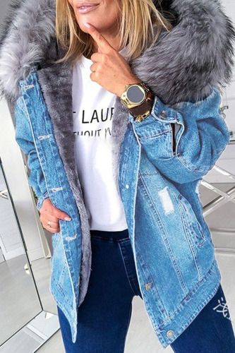 Light Blue Street Ripped Make Old Patchwork Buckle Hooded Collar Long Sleeve Straight Denim Jacket