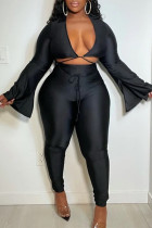Black Fashion Sexy Solid Bandage V Neck Long Sleeve Two Pieces