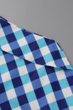 Blue Casual Plaid Print Patchwork Asymmetrical Oblique Collar Tops