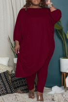 Burgundy Casual Solid Patchwork Asymmetrical Off the Shoulder Plus Size Two Pieces