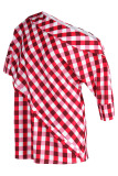 Red Casual Plaid Print Patchwork Asymmetrical Oblique Collar Tops