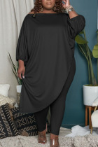 Black Casual Solid Patchwork Asymmetrical Off the Shoulder Plus Size Two Pieces