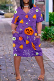 Purple Orange Fashion Casual Print Patchwork V Neck Short Sleeve Dress