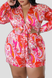 Red Fashion Casual Print Hollowed Out Turndown Collar Plus Size Two Pieces