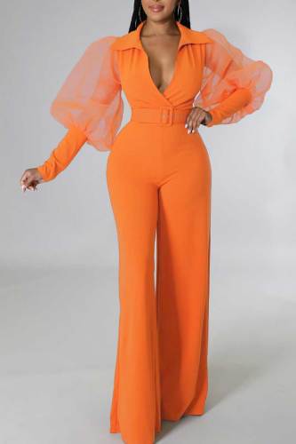 Tangerine Casual Elegant Solid Patchwork V Neck Straight Jumpsuits