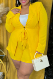 Yellow Fashion Casual Solid Bandage Turndown Collar Plus Size Two Pieces