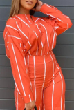 Orange Fashion Daily Striped Print Long Sleeve Two Pieces
