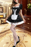 Black Halloween Fashion Patchwork Frenulum Square Collar Short Sleeve Dress