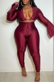 Burgundy Fashion Sexy Solid Bandage V Neck Long Sleeve Two Pieces