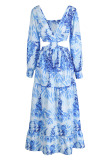 Light Blue Casual Vacation Print Hollowed Out Patchwork V Neck Straight Dresses