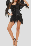 Black Halloween Fashion Sexy Patchwork See-through Asymmetrical U Neck Long Sleeve Dresses