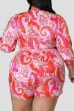 Red Fashion Casual Print Hollowed Out Turndown Collar Plus Size Two Pieces