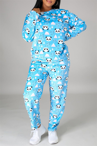 Sky Blue Fashion Casual Living Print Patchwork O Neck Long Sleeve Two Pieces