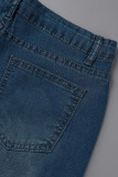 Dark Blue Casual Street Print Patchwork High Waist Denim Jeans