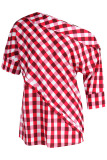 Red Casual Plaid Print Patchwork Asymmetrical Oblique Collar Tops