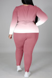 Pink Fashion Casual Gradual Change Print Patchwork O Neck Plus Size Two Pieces