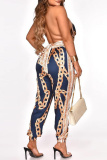 White Fashion Sexy Print Bandage Backless Halter Plus Size Two Pieces