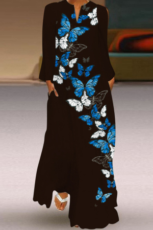 Blue Black Fashion Casual Print Patchwork V Neck Long Sleeve Dresses