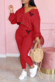 Rose Red Fashion Print Patchwork V Neck Long Sleeve Two Pieces