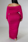 Rose Red Sexy Solid Patchwork Fold Off the Shoulder Pencil Skirt Plus Size Dresses