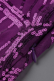 Purple Fashion Sexy Plus Size Patchwork Sequins O Neck Evening Dress