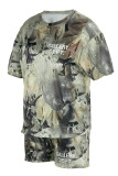 Black White Casual Print Camouflage Print Patchwork O Neck Short Sleeve Two Pieces