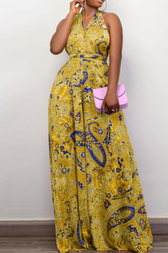 Gold Sexy Print Patchwork Backless V Neck Jumpsuits