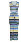 Blue Fashion Casual Striped Print Slit U Neck Vest Dress