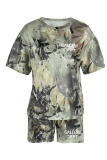 Pink Casual Print Camouflage Print Patchwork O Neck Short Sleeve Two Pieces