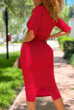 Red Casual Solid Patchwork With Belt Turndown Collar One Step Skirt Dresses